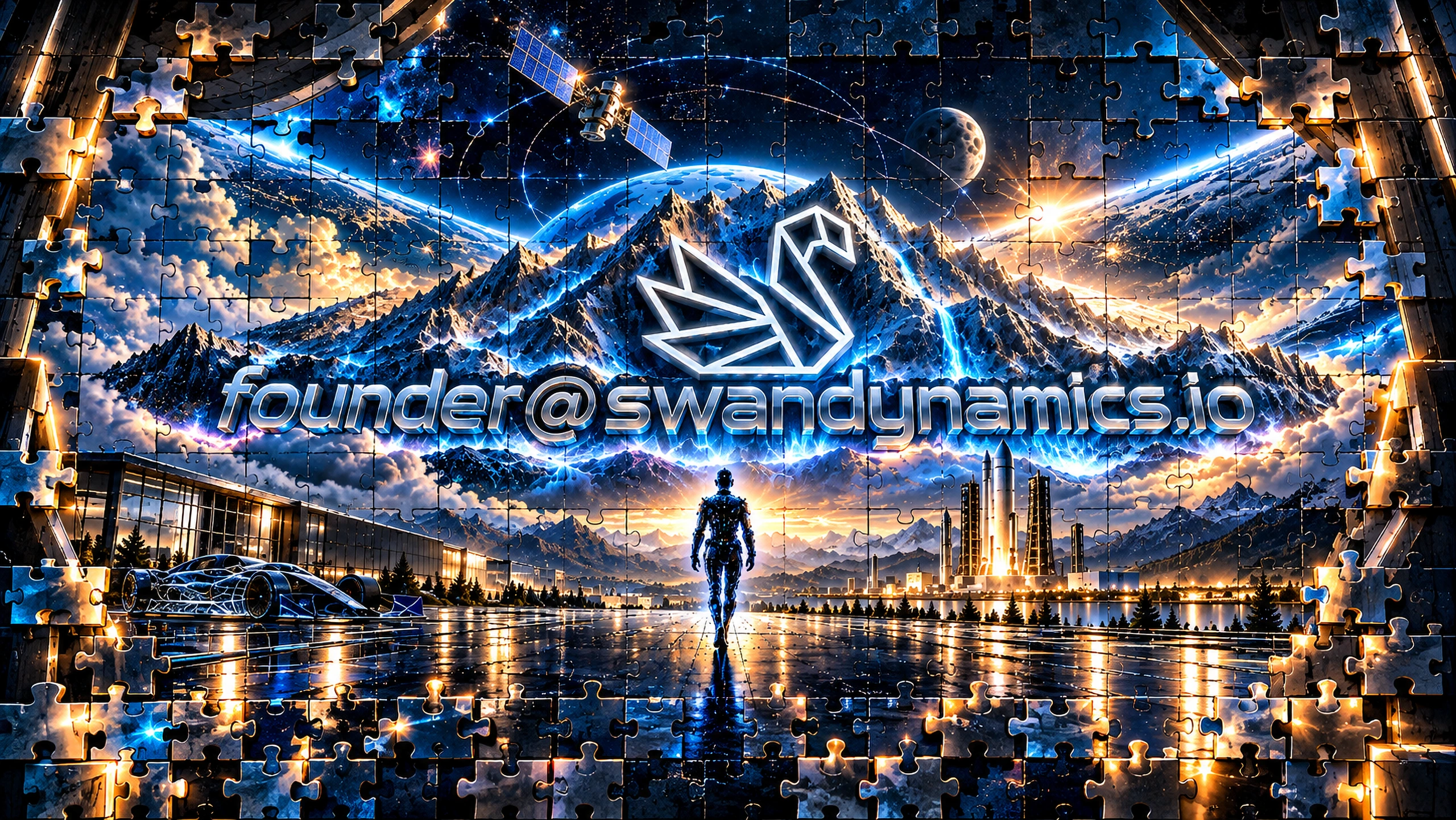 Swan Dynamics contact: founder@swandynamics.io, with the swan mark rising above mountains
