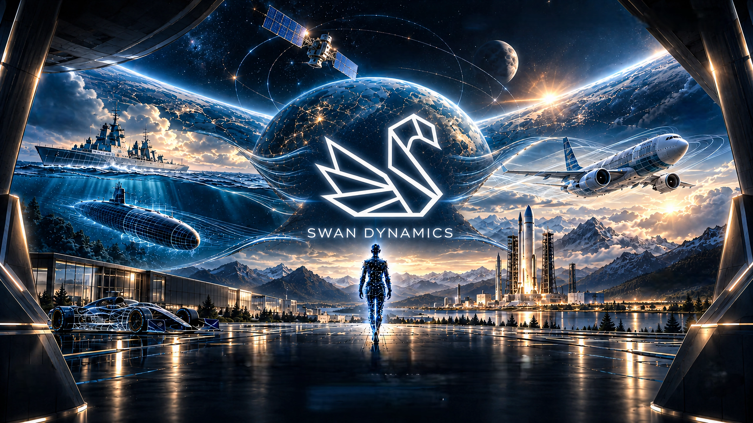Swan Dynamics: a luminous swan above a digital engineer, with orbital space, marine engineering, aircraft and ground systems in one cinematic world.
